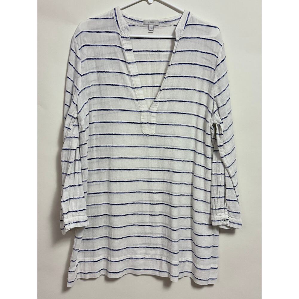 J. Crew Striped Cover Up Tunic White Blue XL Cotton Gauze Beach Coastal V Neck